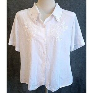 Joanna Womens Large Blouse White Button Up Embroidered Cut-Outs